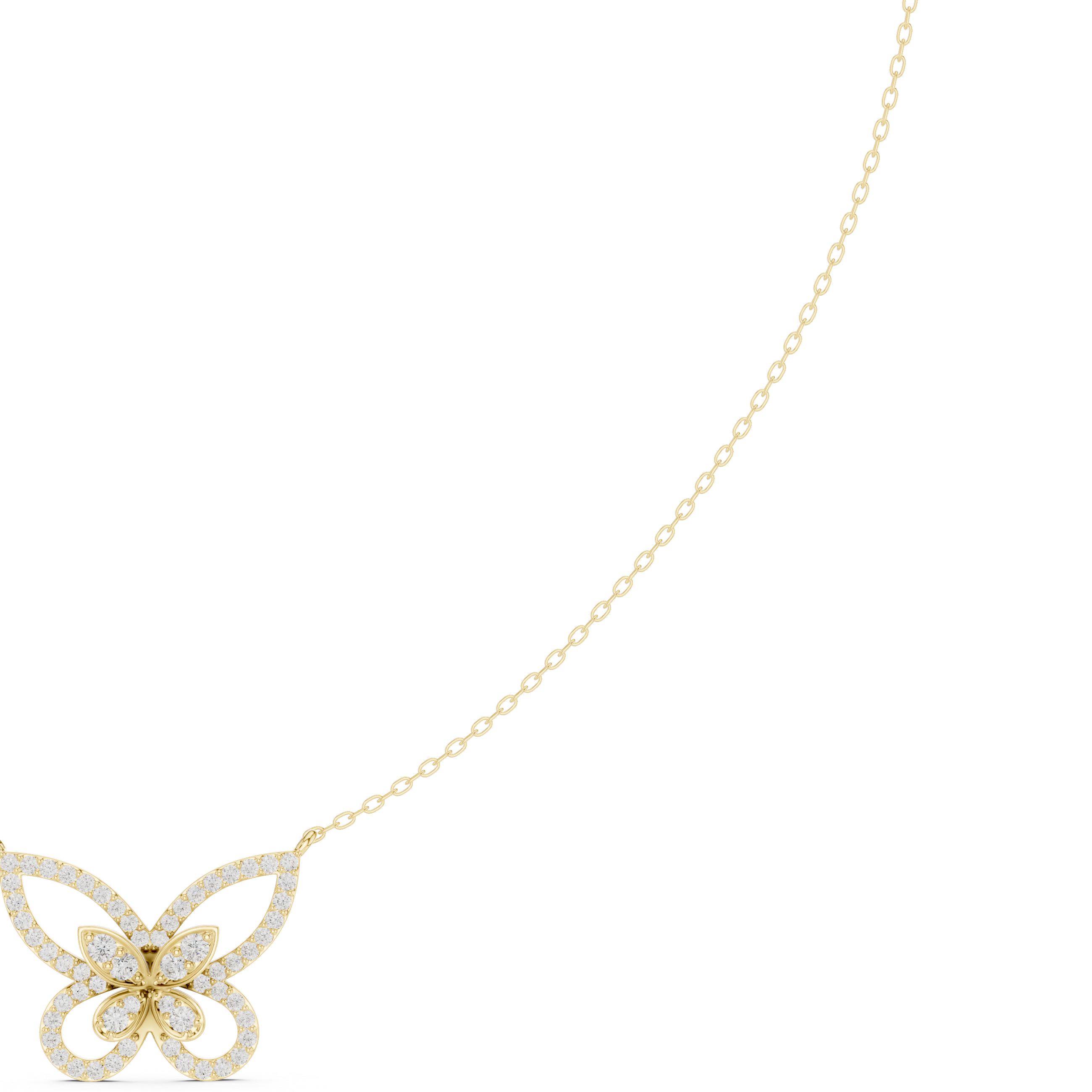 Butterfly diamond pendant on a yellow gold chain, with sparkling round stones