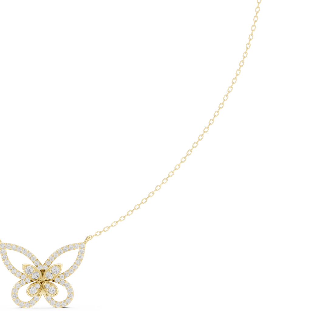 Butterfly diamond pendant on a yellow gold chain, with sparkling round stones