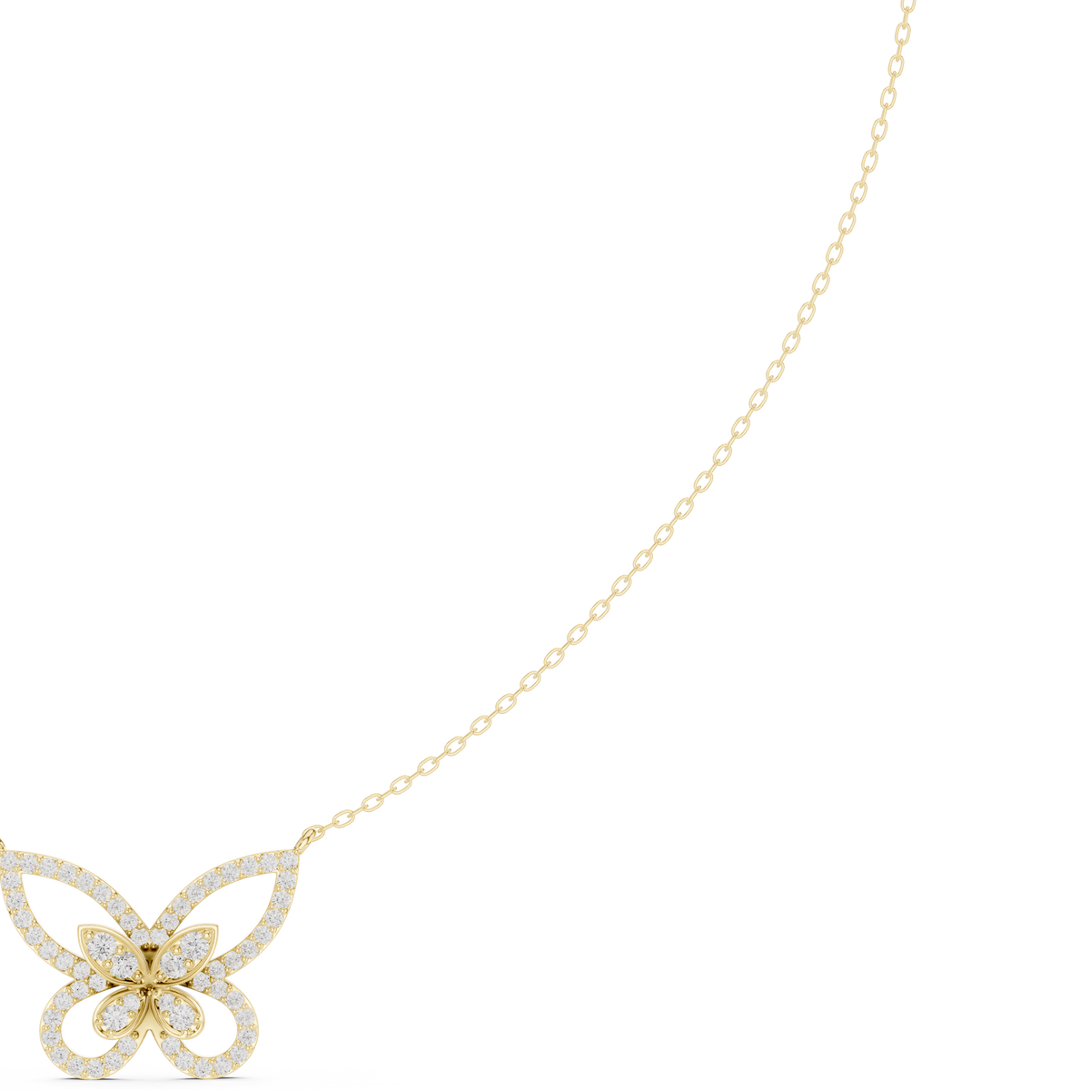 Butterfly diamond pendant on a yellow gold chain, with sparkling round stones