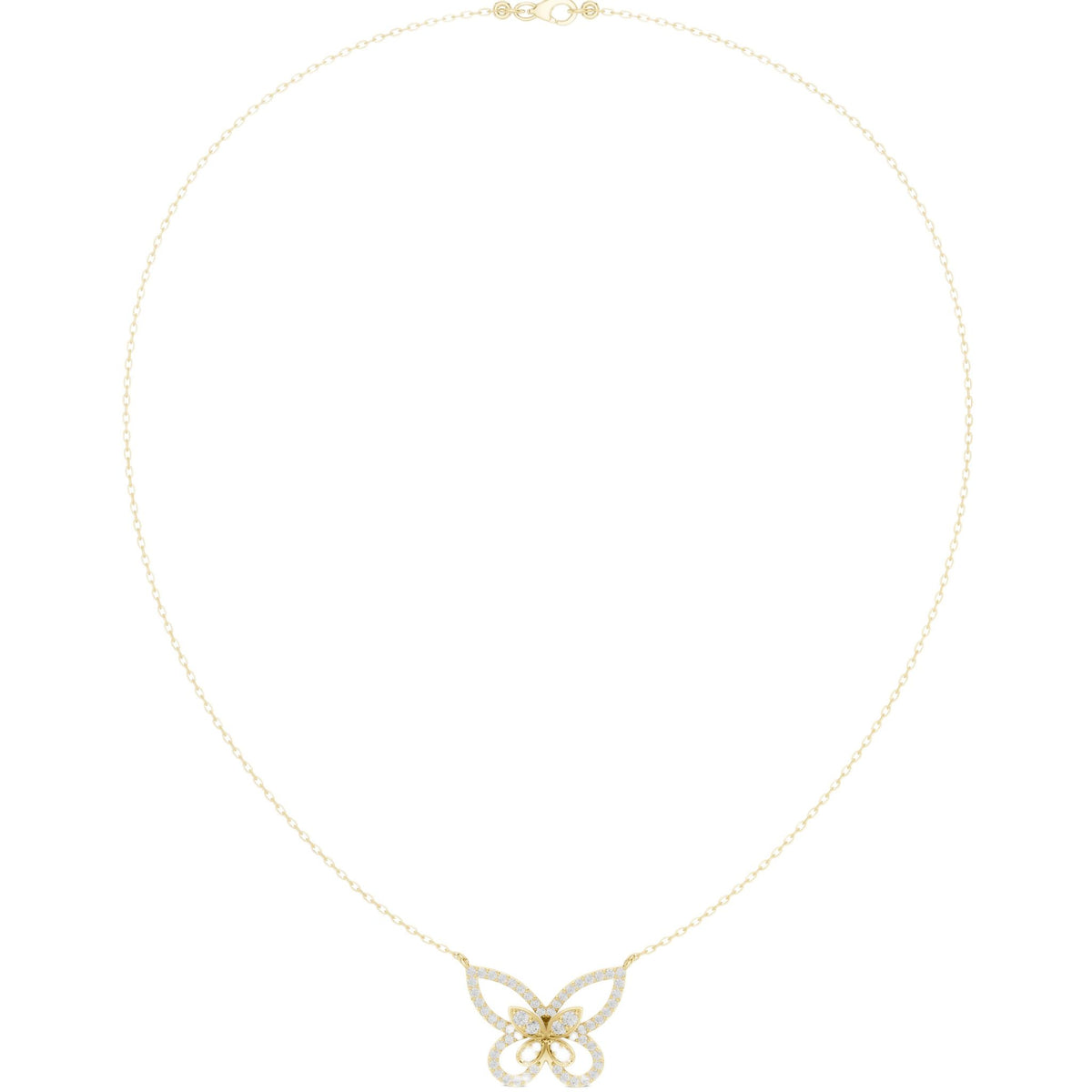 Yellow gold butterfly diamond pendant necklace with round stones and linked chain