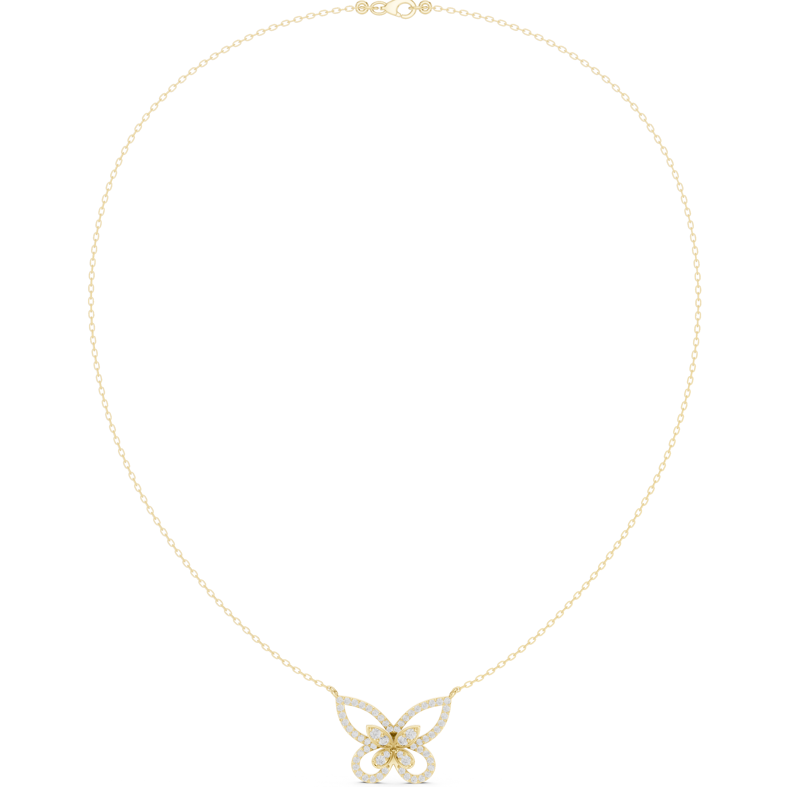 Yellow gold butterfly diamond pendant necklace with round stones and linked chain