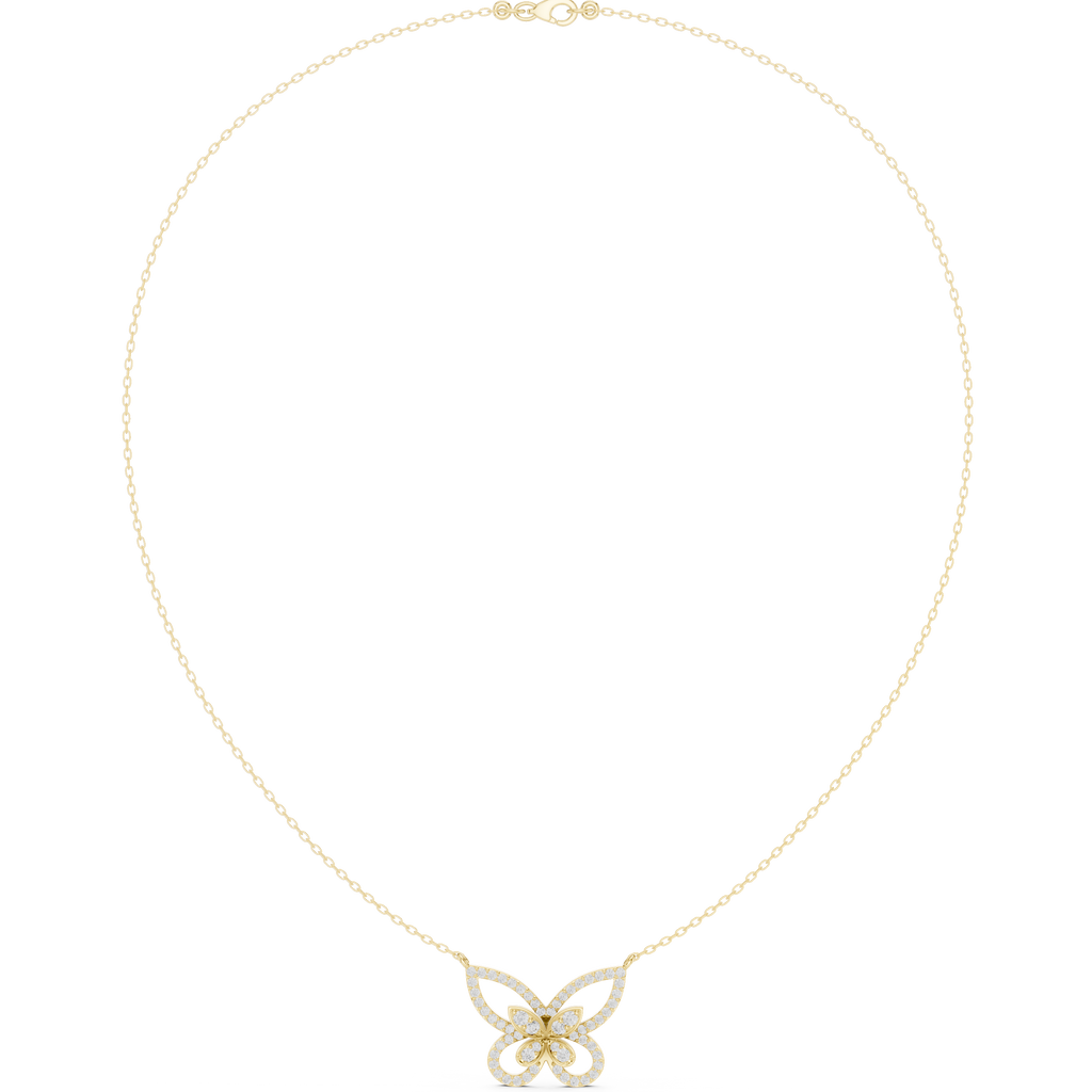 Butterfly diamond pendant at the clasp on a yellow gold chain, with round stone detail