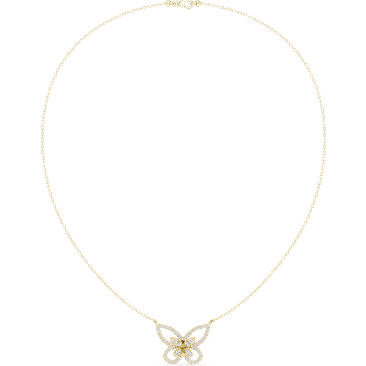 Yellow gold butterfly diamond pendant necklace with round stones and linked chain