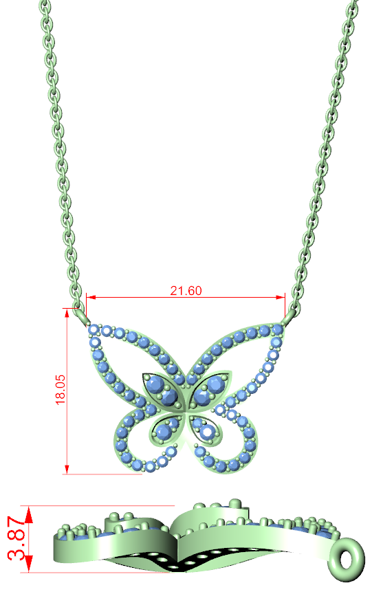 Butterfly diamond pendant with blue accents on a green-tone chain