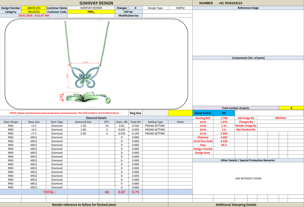 Butterfly diamond pendant design diagram with measurement lines and spec table