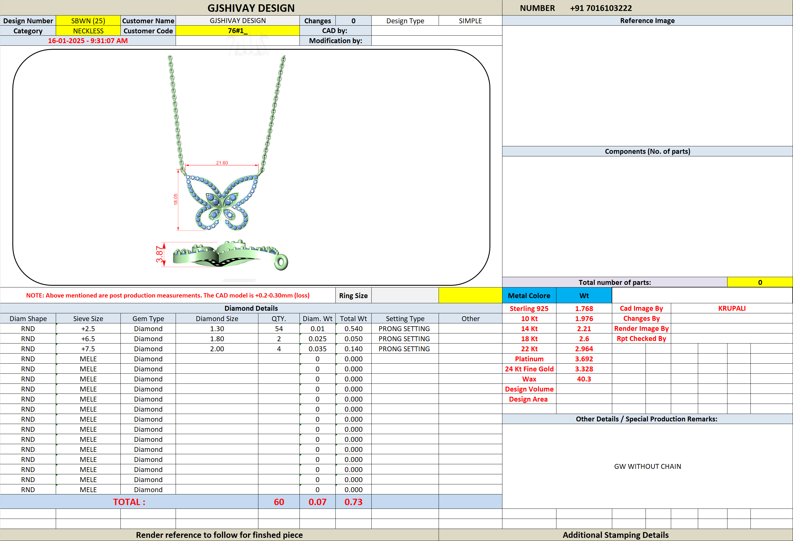 Butterfly diamond pendant design diagram with measurement lines and spec table