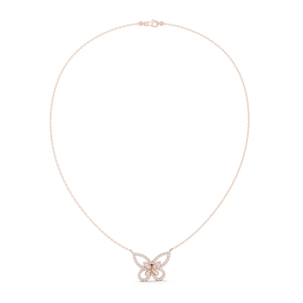 Butterfly diamond pendant on a rose-gold tone chain with small pave details