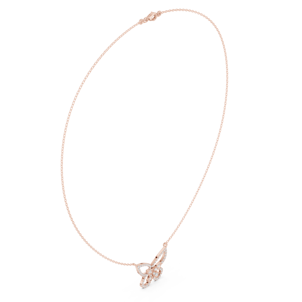 10K rose gold butterfly diamond pendant necklace with round stones, thin chain