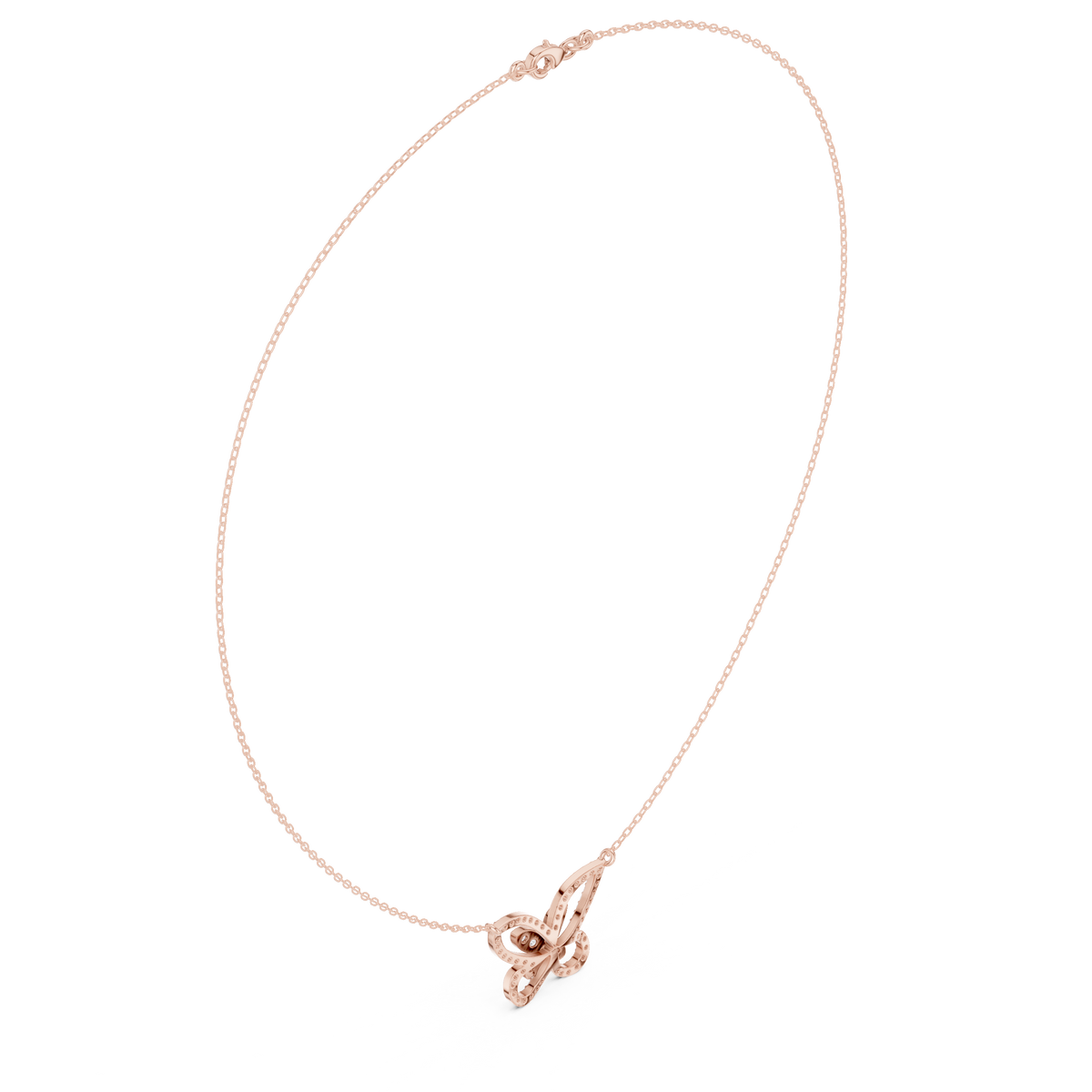 Butterfly diamond pendant with a rose gold bail and chain, featuring round stones