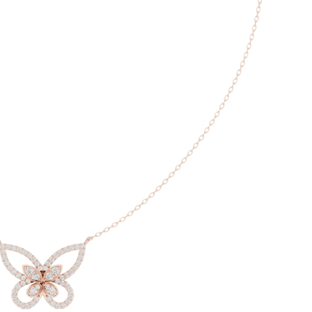 Butterfly diamond pendant on a rose gold chain, with sparkling round stones