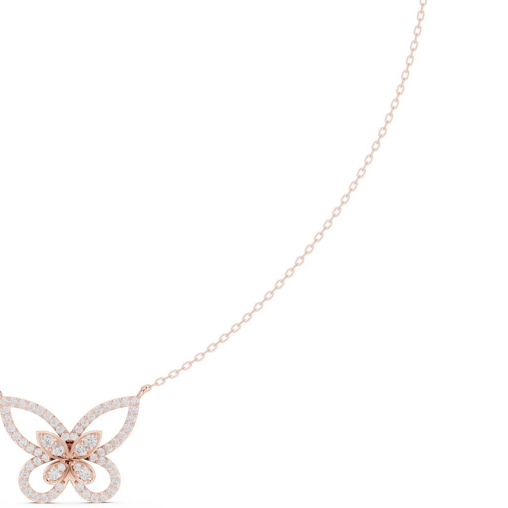 Butterfly diamond pendant on a rose gold chain, with sparkling round stones