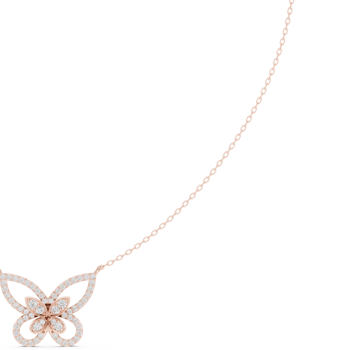Butterfly diamond pendant on a rose gold chain, with sparkling round stones