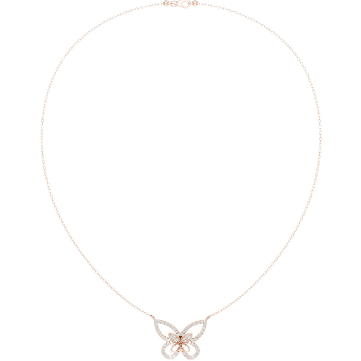 Rose gold butterfly diamond pendant necklace with round stones and linked chain