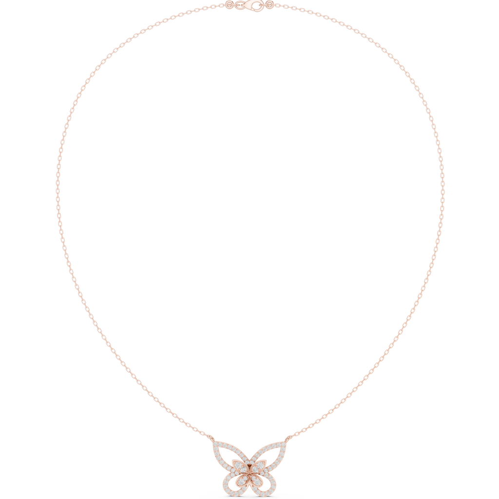 Butterfly diamond pendant at the clasp on a rose gold chain, with round stone detail