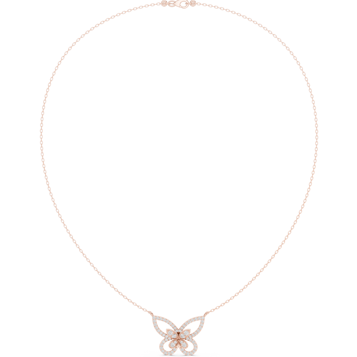 Rose gold butterfly diamond pendant necklace with round stones and linked chain