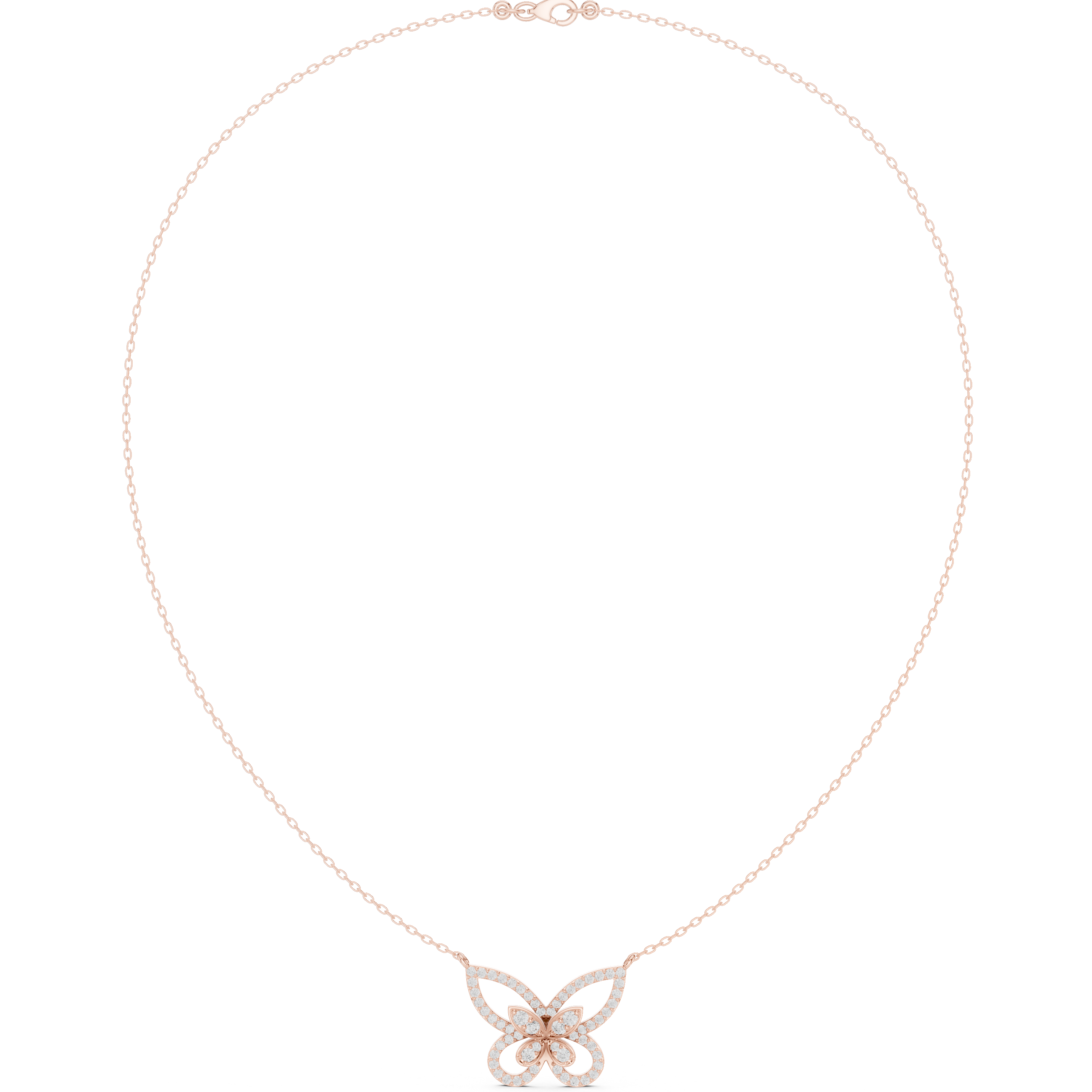 Butterfly diamond pendant at the clasp on a rose gold chain, with round stone detail