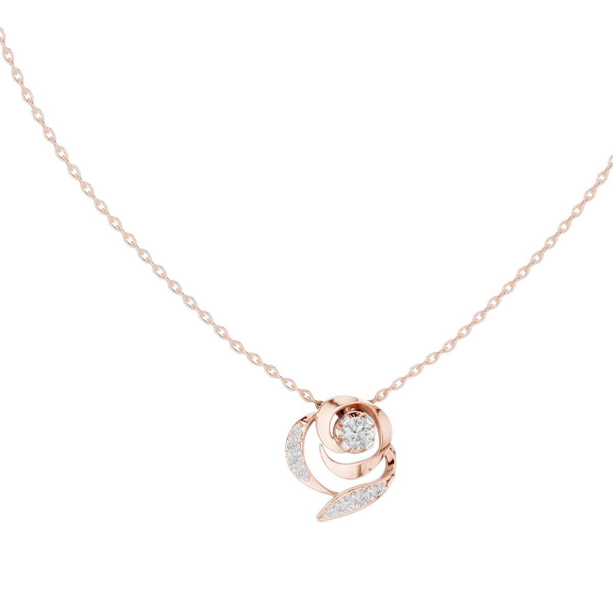 Rose gold diamond flower pendant with round center and sculpted swirl petals.