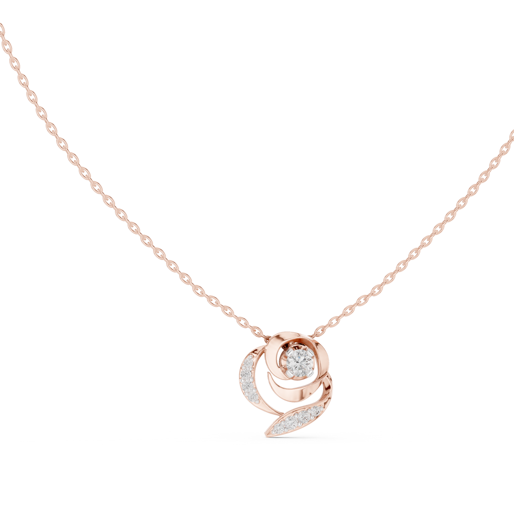 Rose gold diamond flower pendant with round center and sculpted swirl petals.