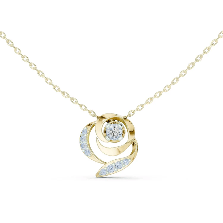Yellow gold round diamond flower pendant on chain, halo with swirl accents