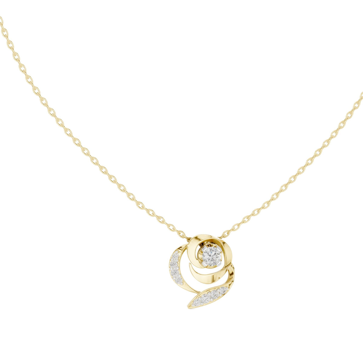 Round diamond flower pendant on yellow gold chain, sculptural swirl setting