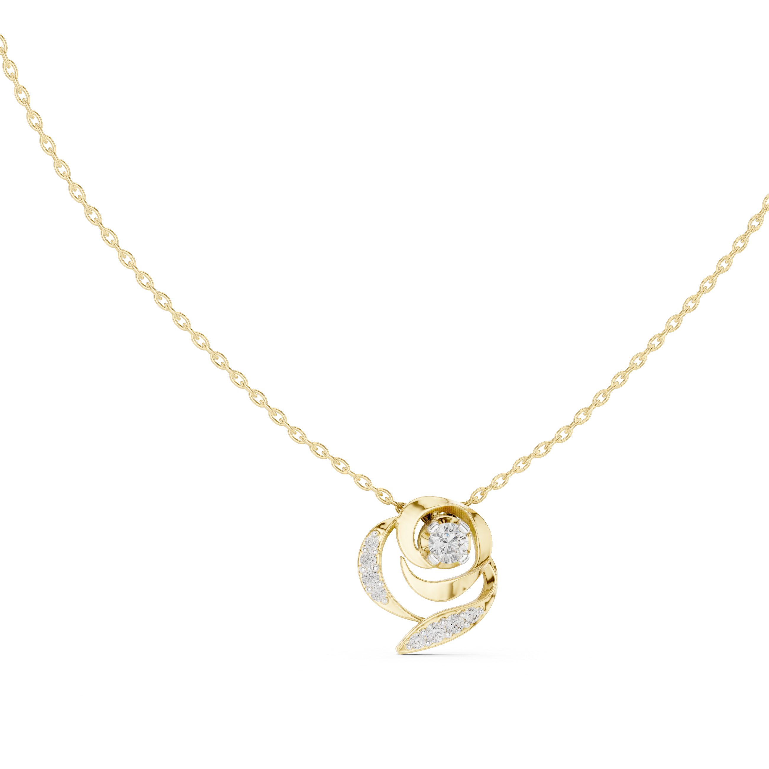 Round diamond flower pendant on yellow gold chain, sculptural swirl setting