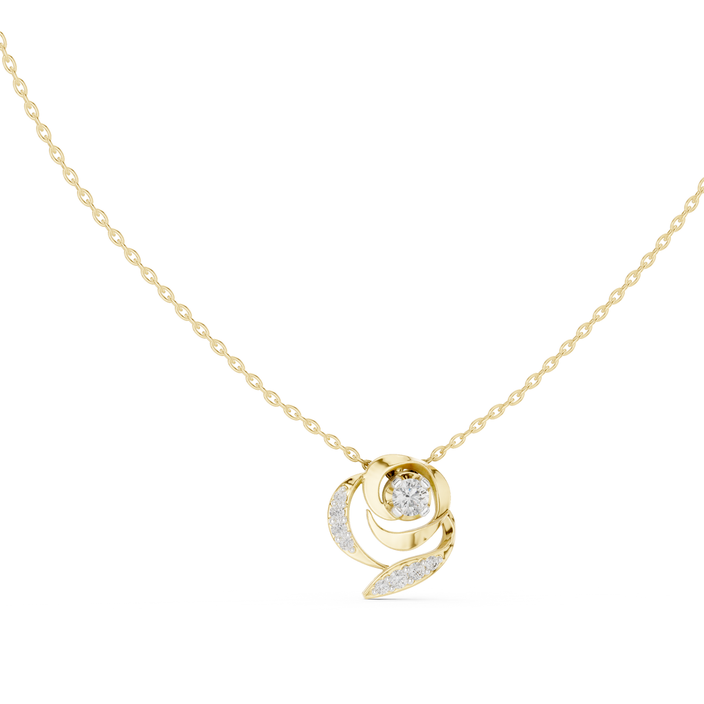 Yellow gold round diamond flower pendant on chain, close view of halo and loops