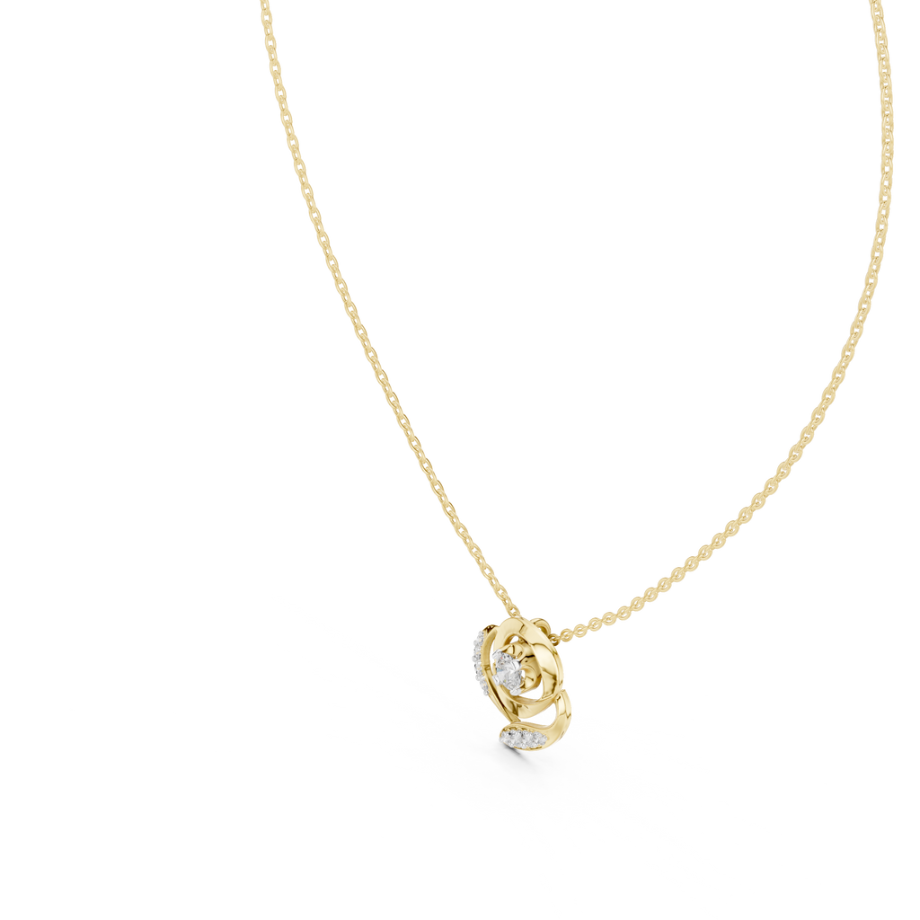 Yellow gold round diamond flower pendant on chain, centered diamond in swirl setting