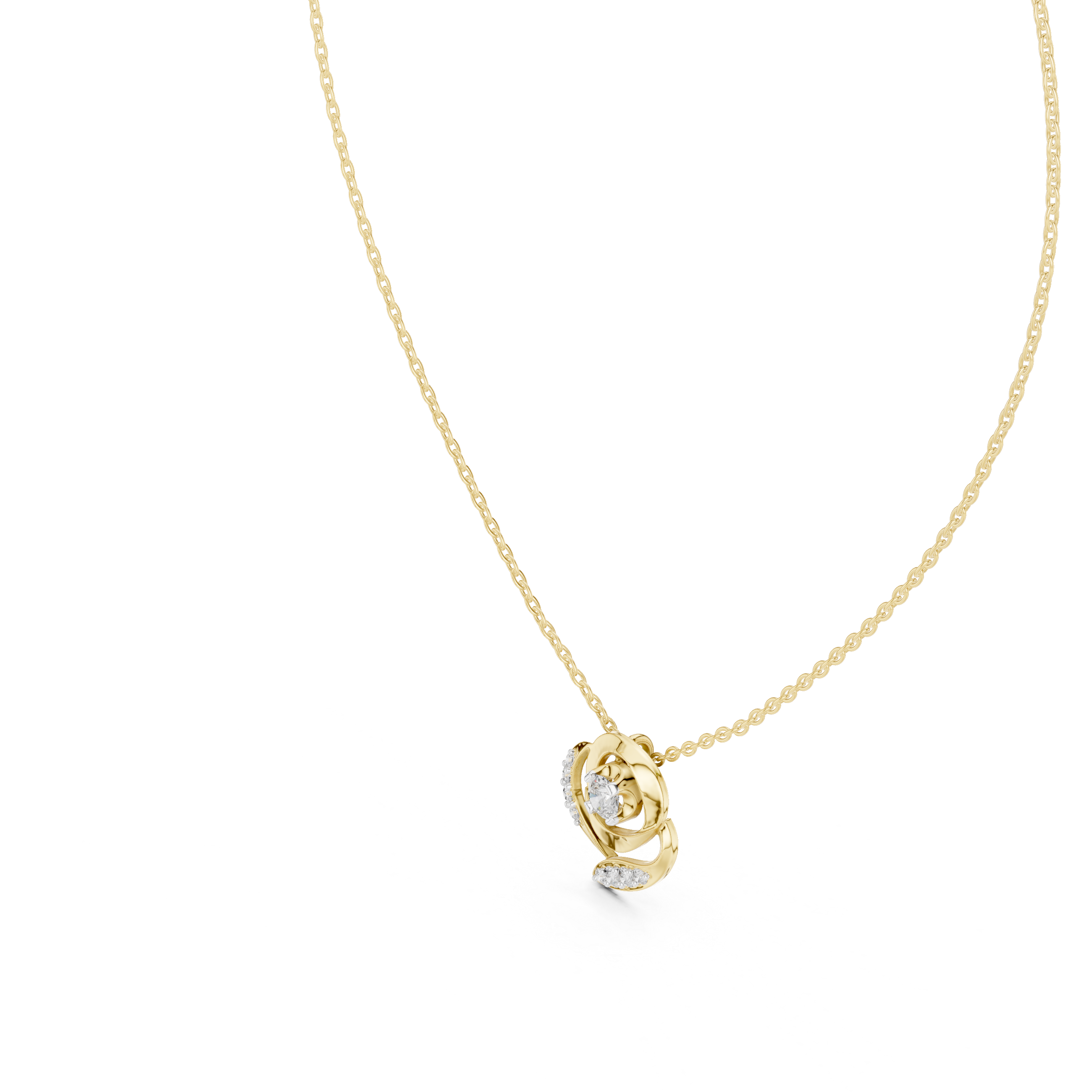 Yellow gold round diamond flower pendant on chain, centered diamond in swirl setting