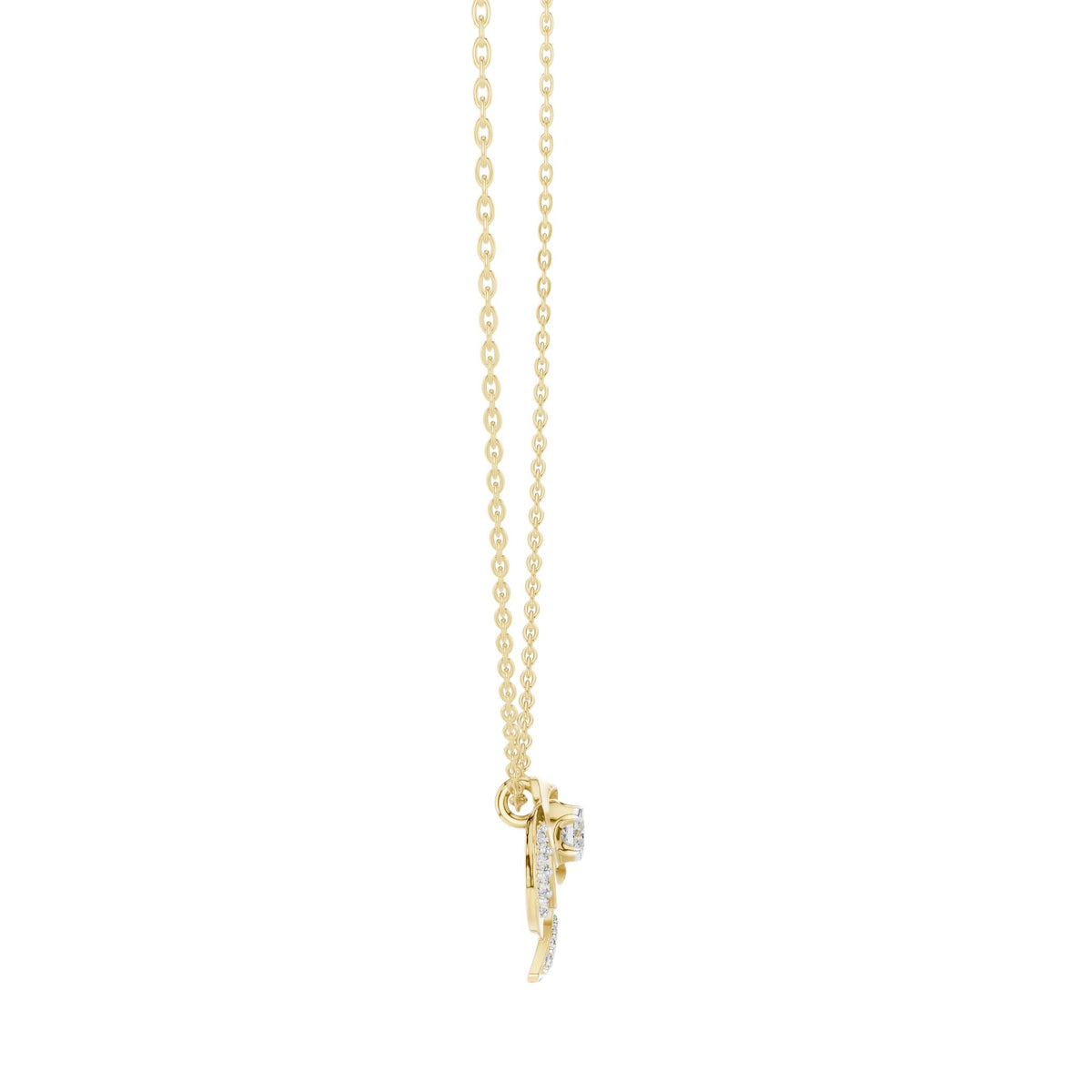 Round diamond flower pendant on yellow gold chain, small pendant close to center