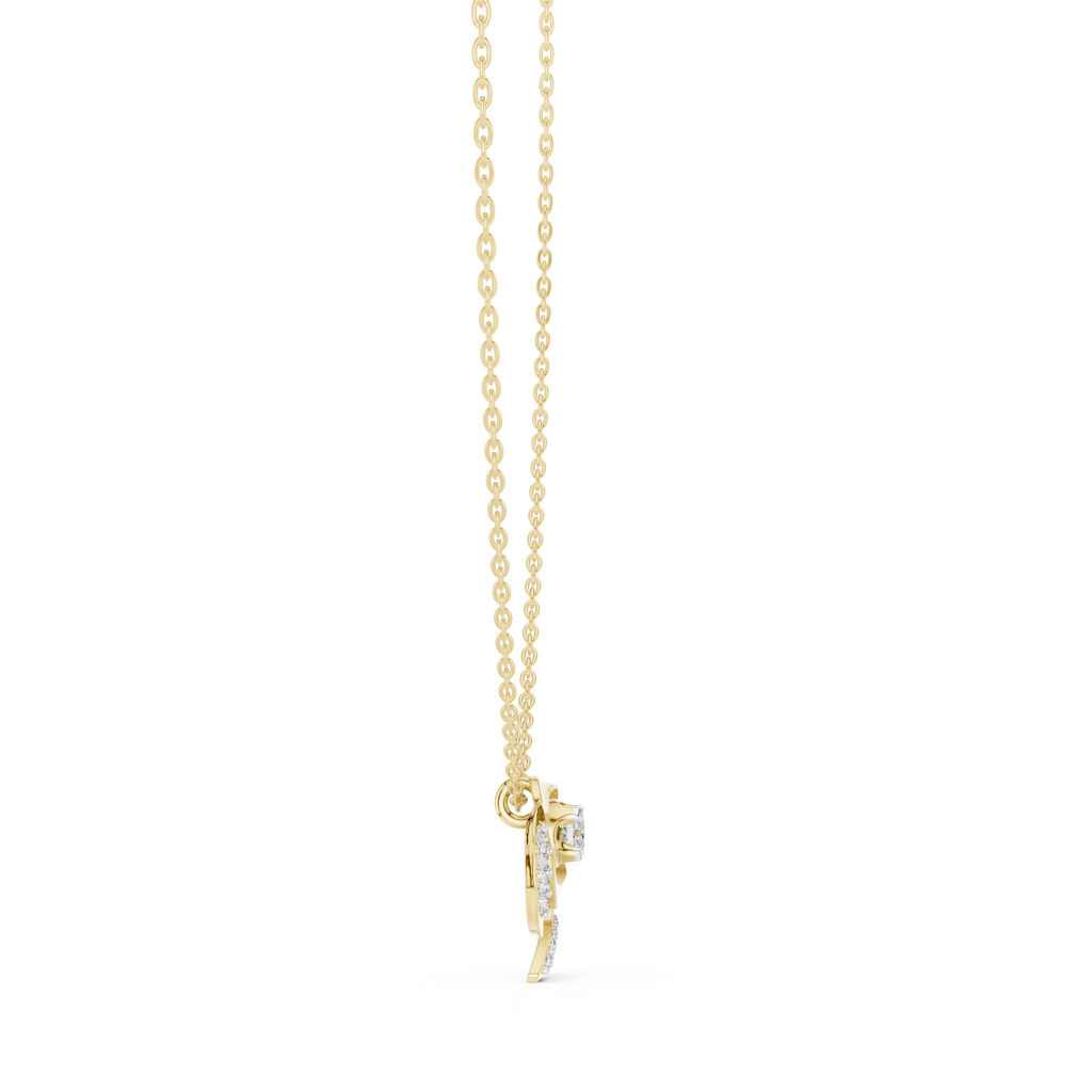 Yellow gold chain with round diamond flower pendant, small clasp at bottom