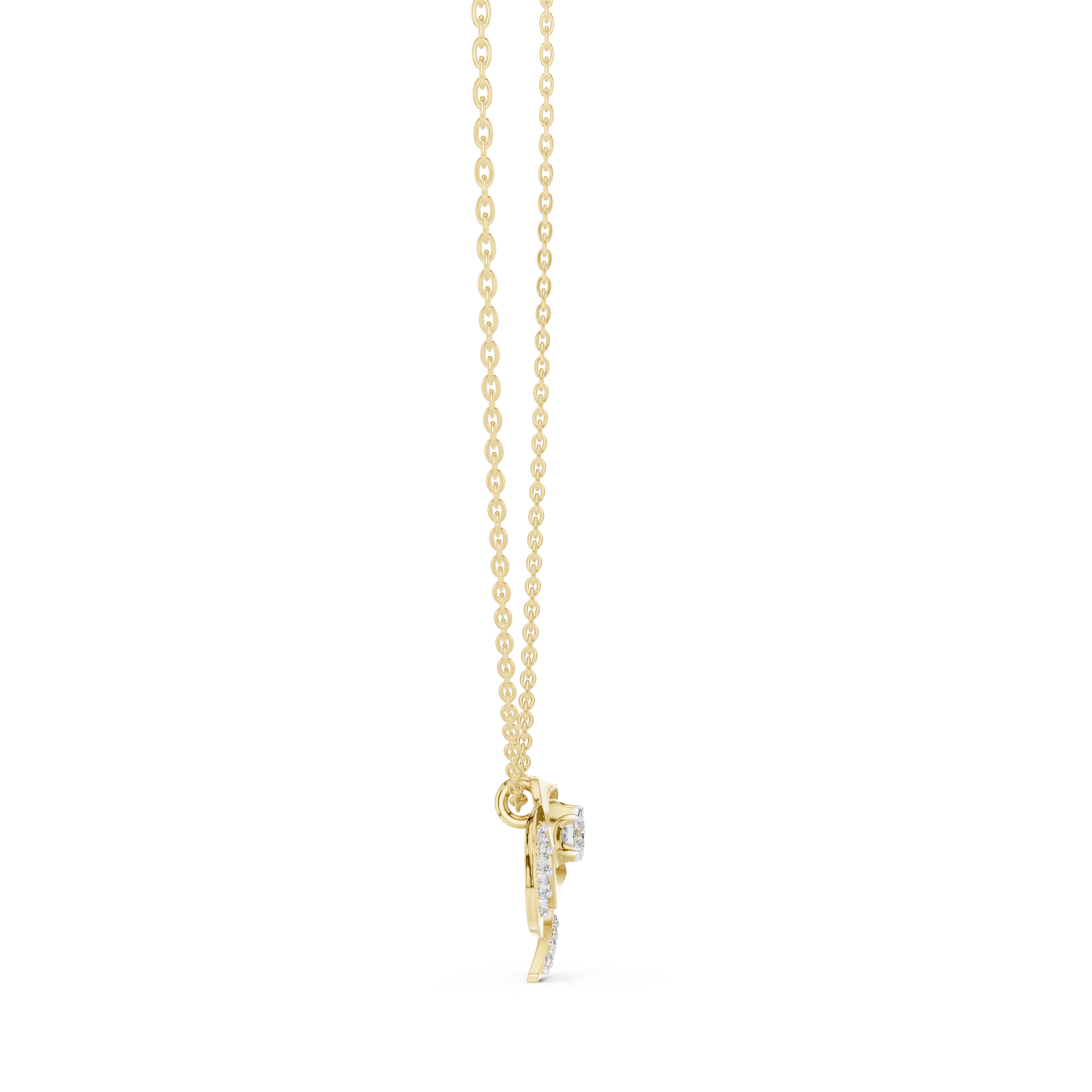 Yellow gold chain with round diamond flower pendant, small clasp at bottom