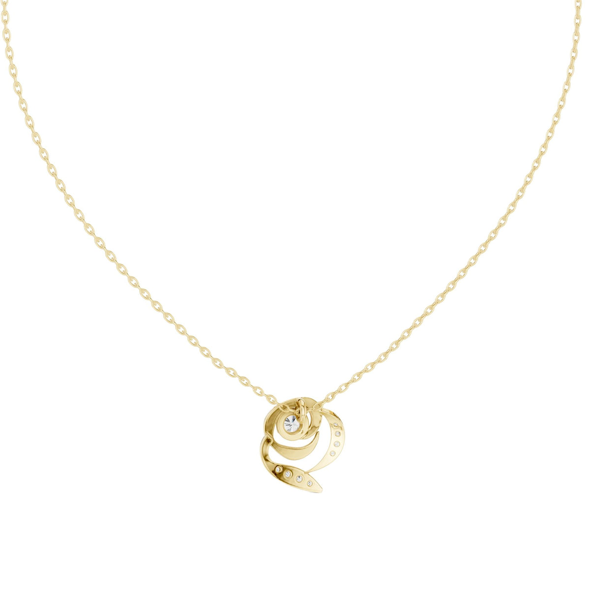 Round diamond flower pendant on yellow gold chain, sculptural swirl setting