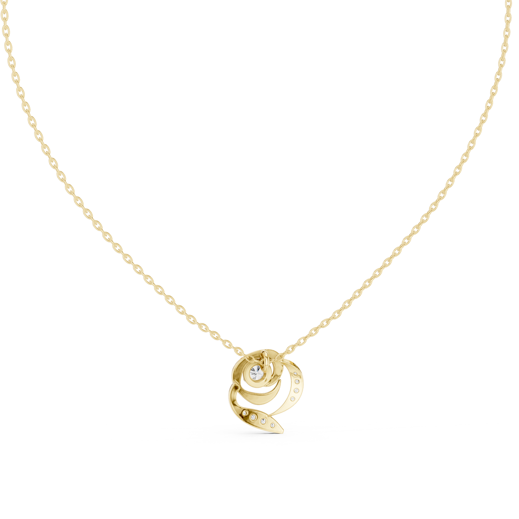 Yellow gold round diamond flower pendant on chain, front view of diamond center
