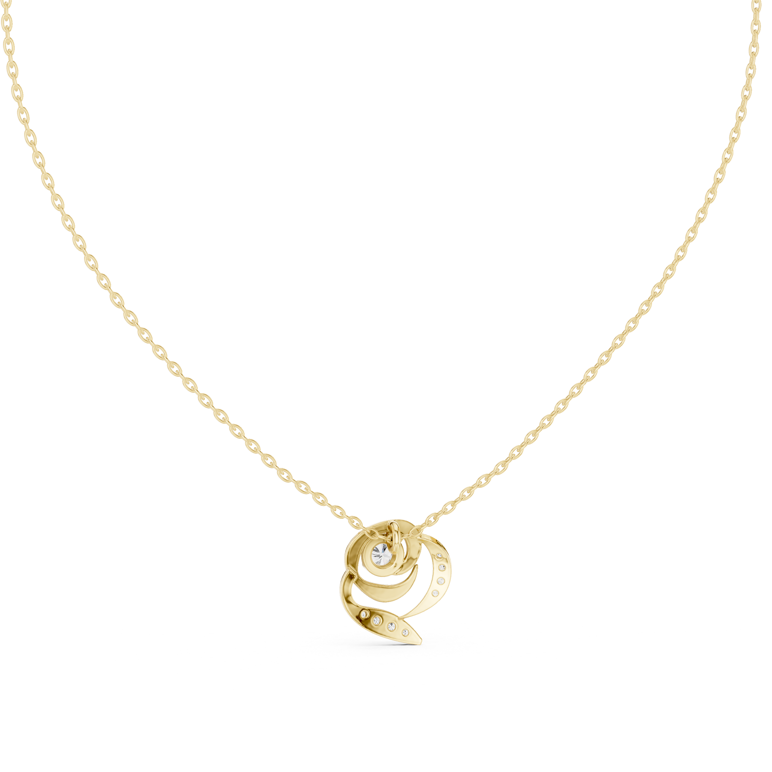 Yellow gold round diamond flower pendant on chain, front view of diamond center