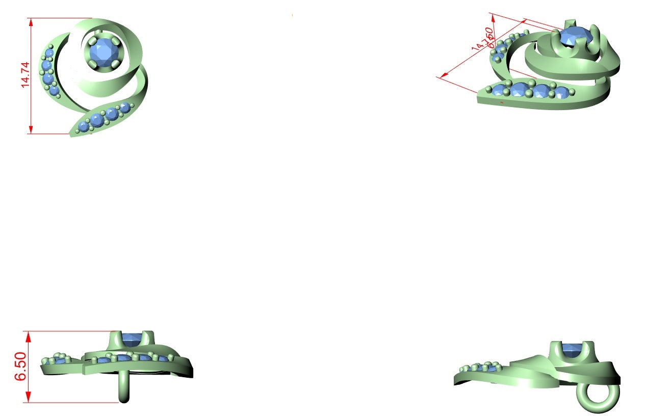 Green 3D pendant model with blue stone accents in a round diamond flower design.