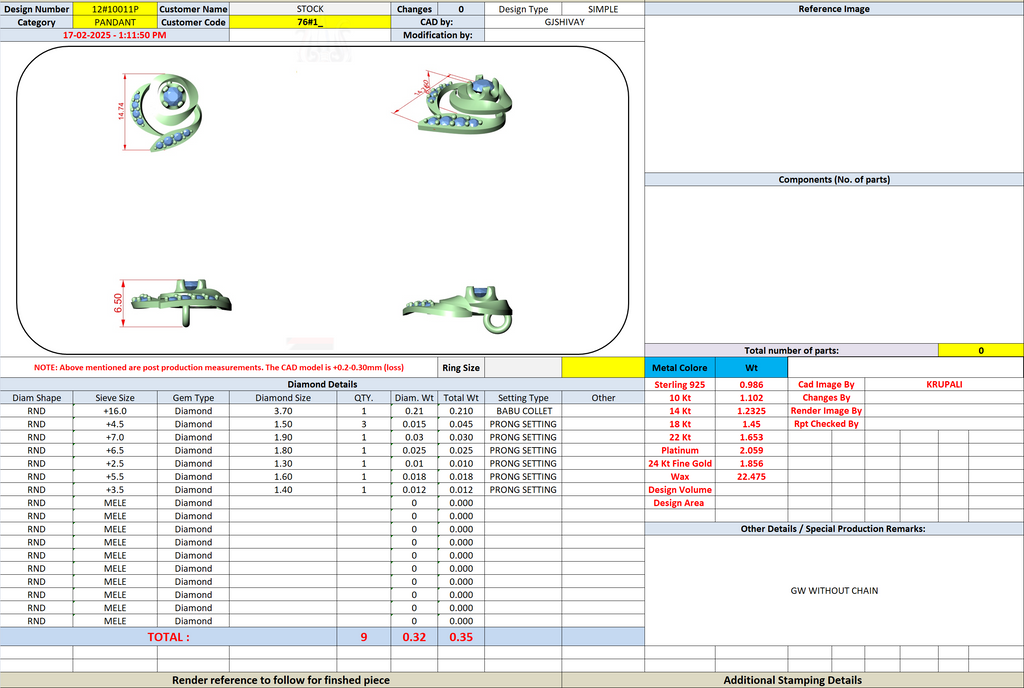Jewelry production sheet with pendant parts list, metal, diamond details, and totals.