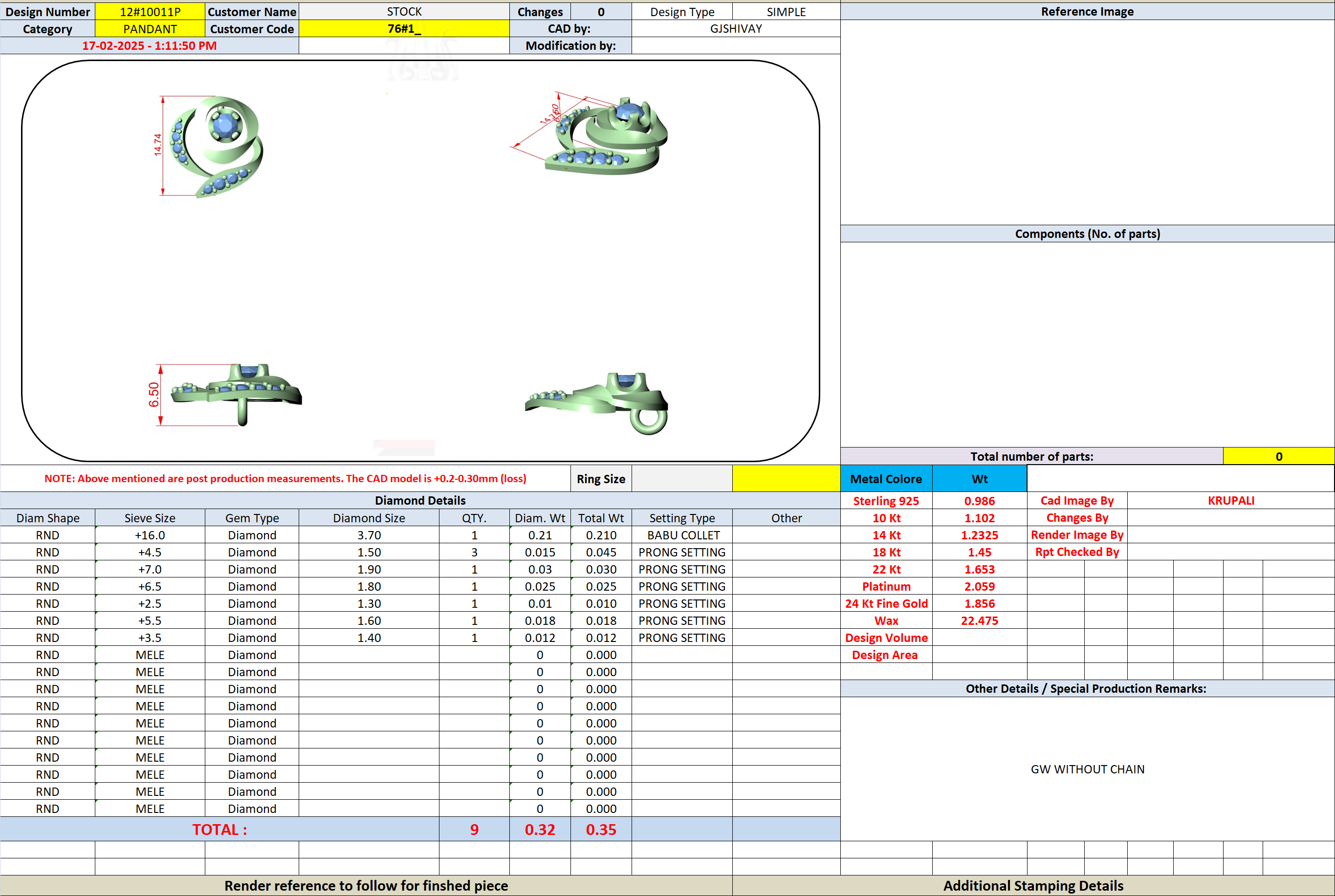 Jewelry production sheet with pendant parts list, metal, diamond details, and totals.