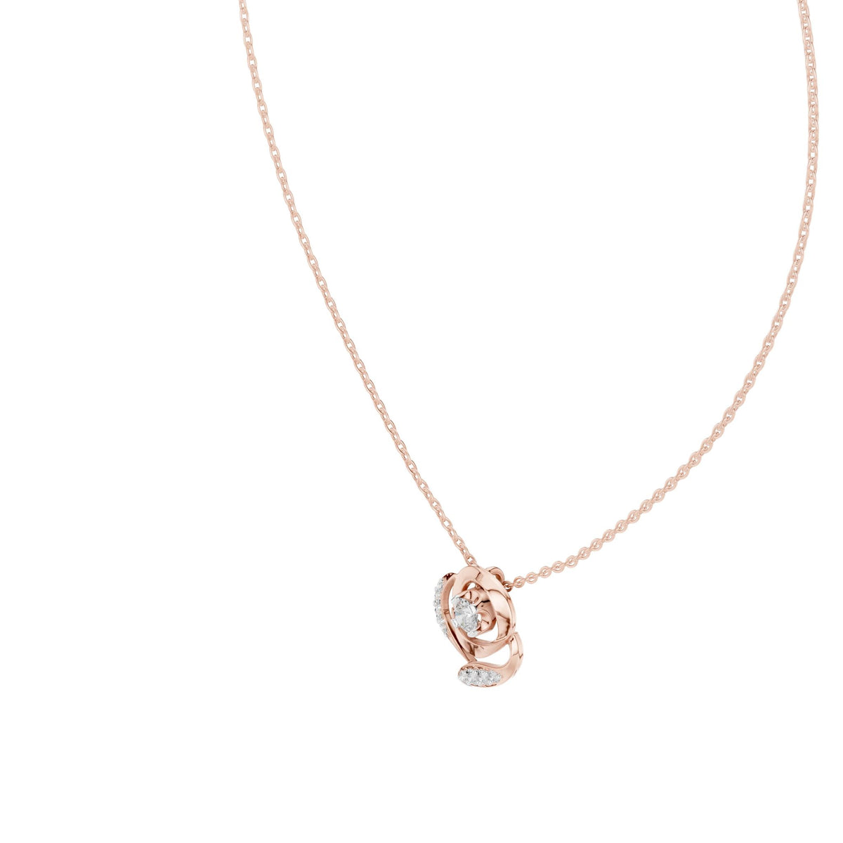 Rose gold diamond flower pendant on chain, round center with swirl petals.