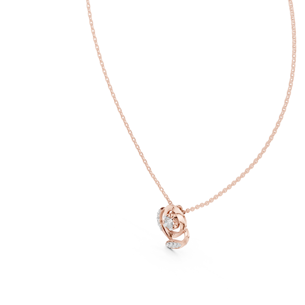 Rose gold diamond flower pendant on chain, round center with swirl petals.