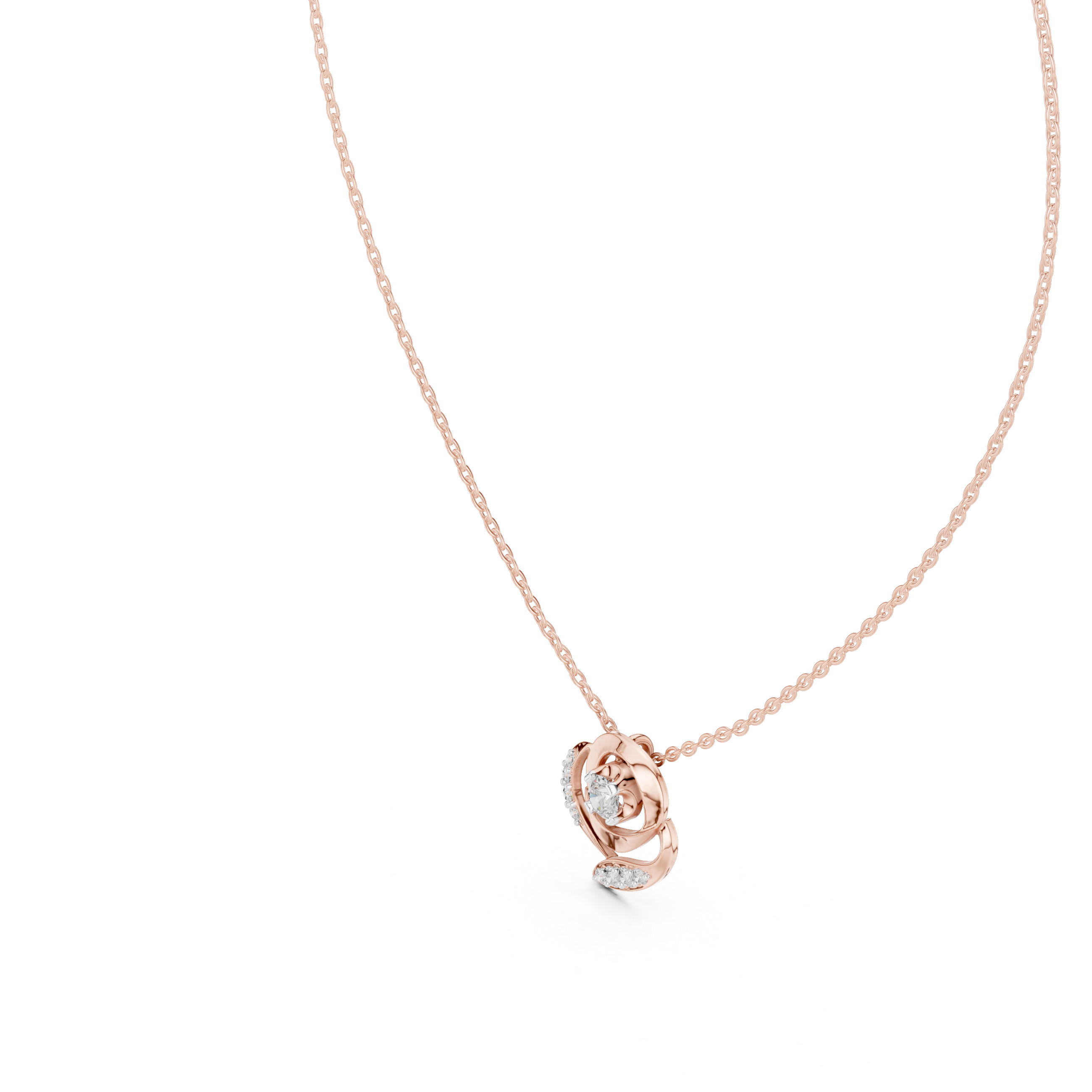Rose gold diamond flower pendant on chain, round center with swirl petals.