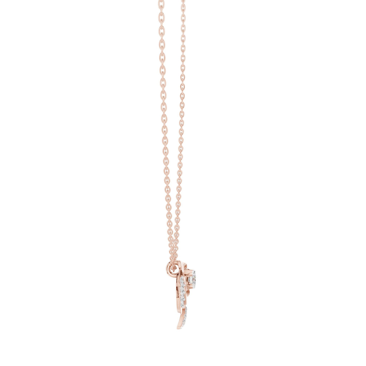 Rose gold pendant and chain; round diamond flower with swirl petal design.