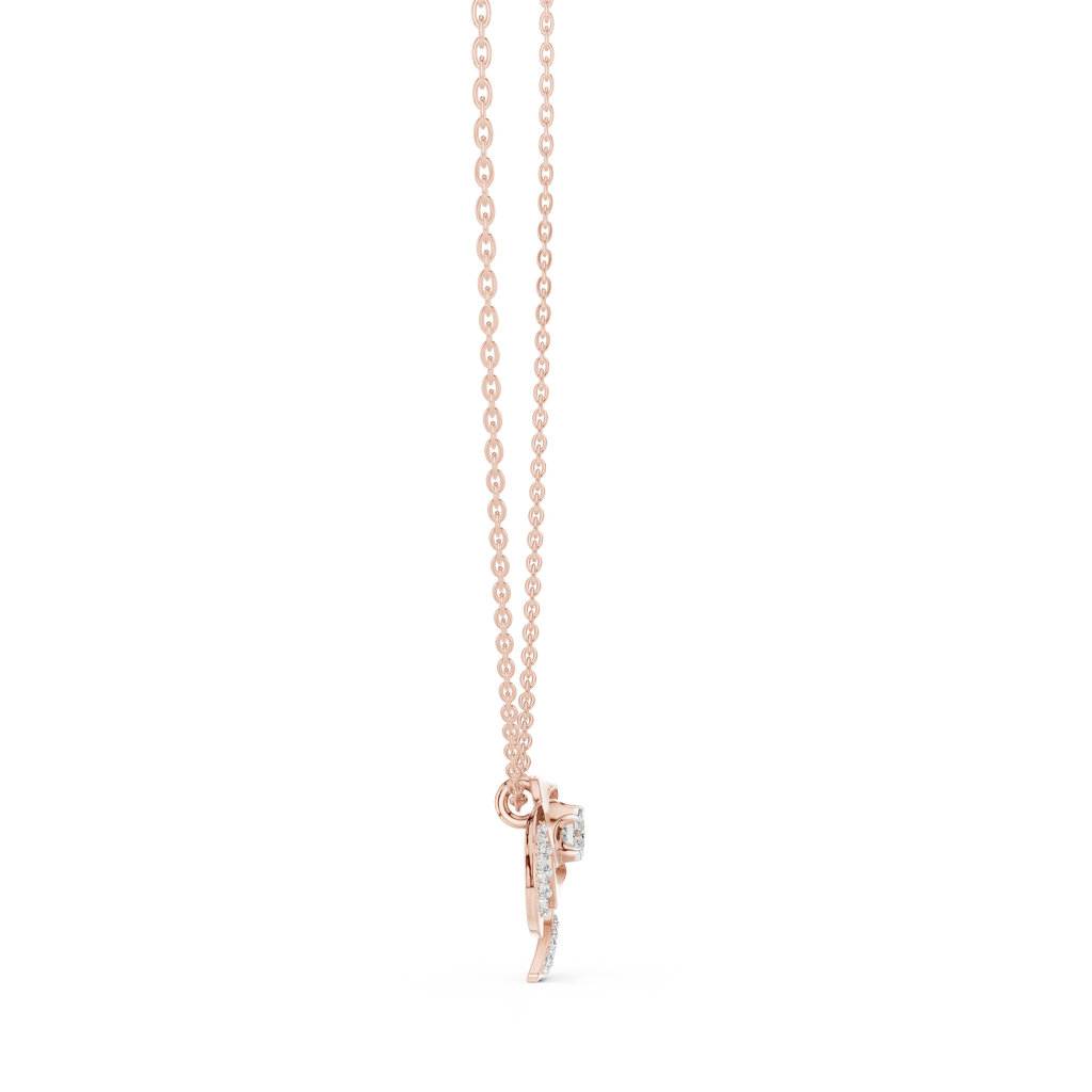 Rose gold pendant and chain; round diamond flower with swirl petal design.