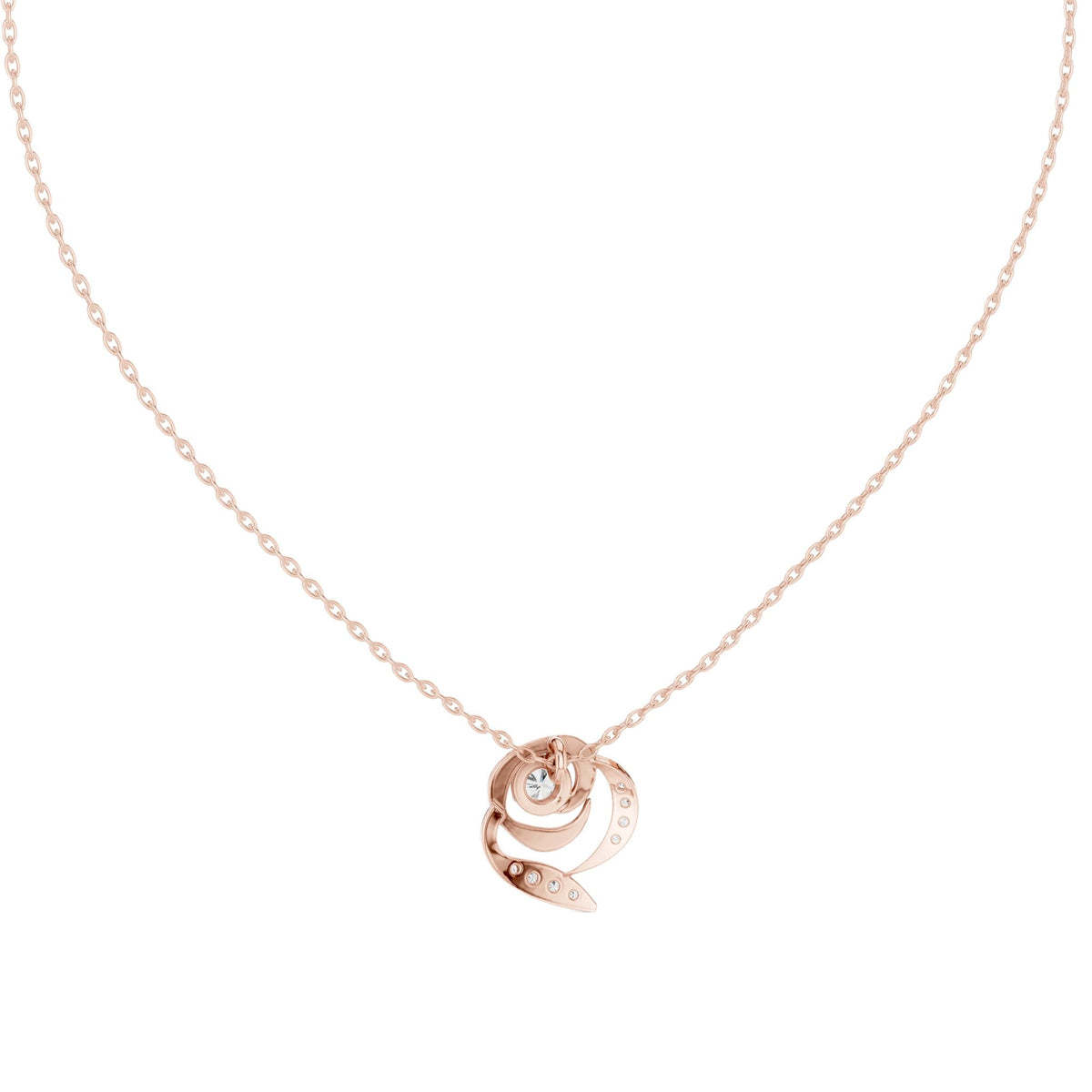 White gold diamond flower pendant on chain, round center with swirling petals.