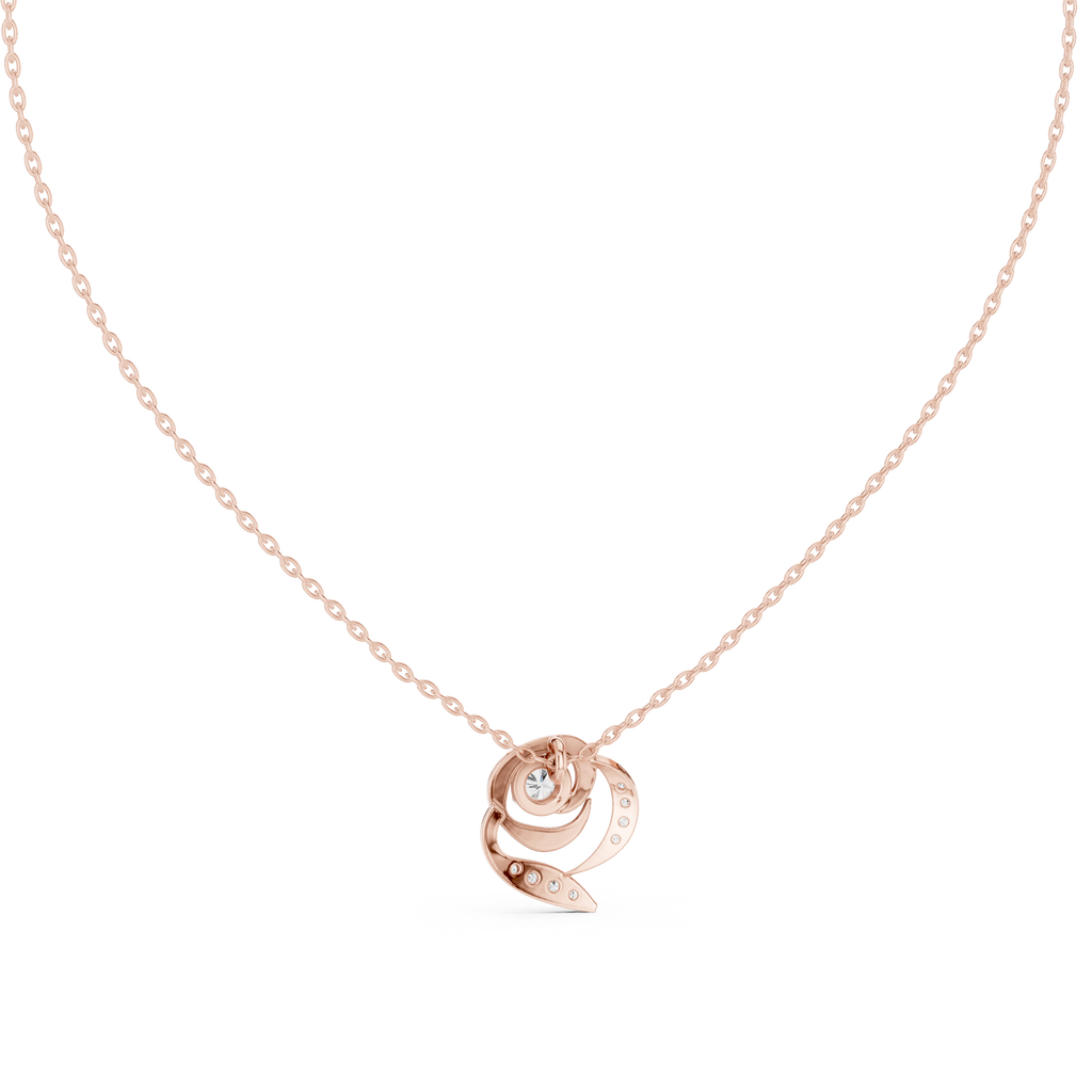 White gold diamond flower pendant on chain, round center with swirling petals.