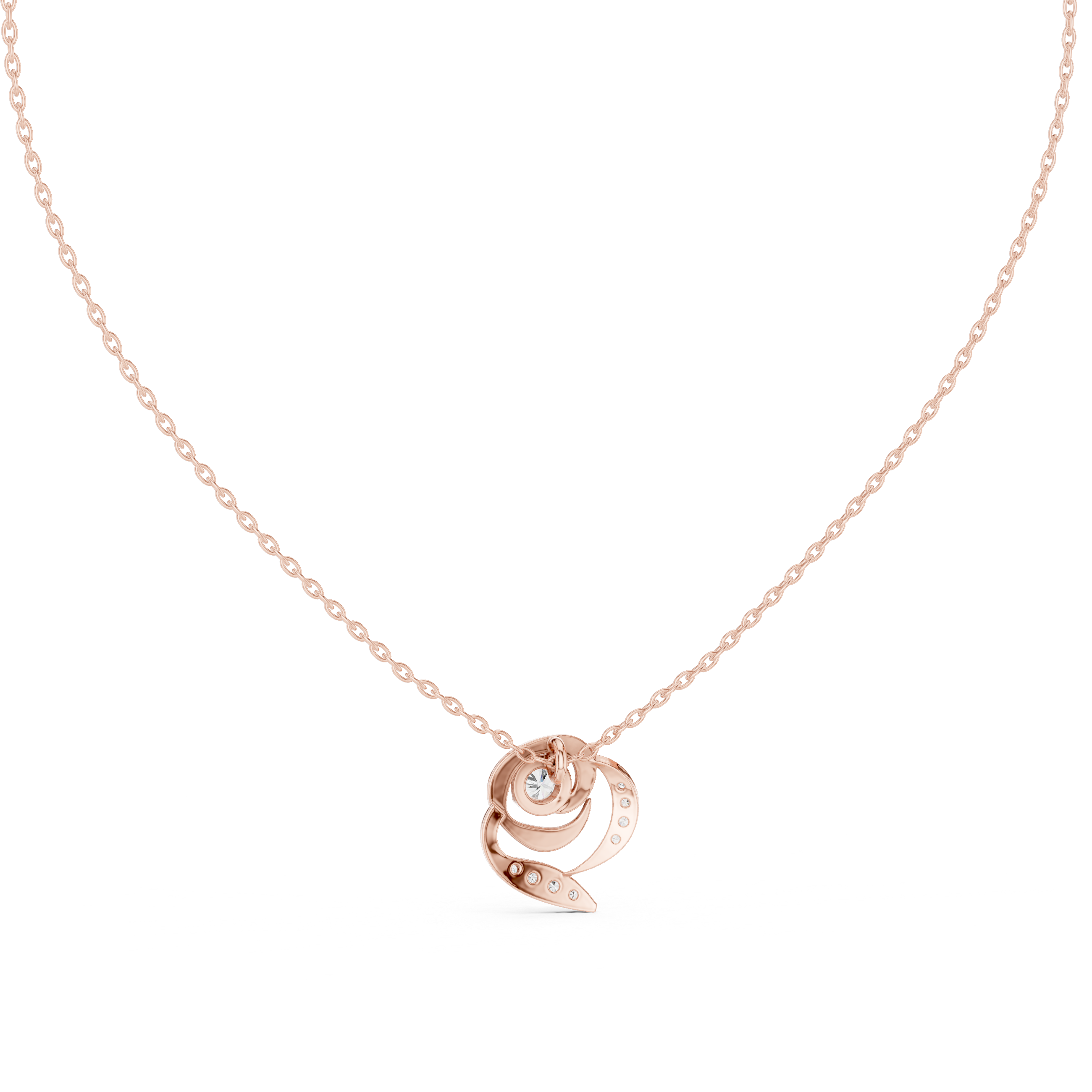 White gold diamond flower pendant on chain, round center with swirling petals.
