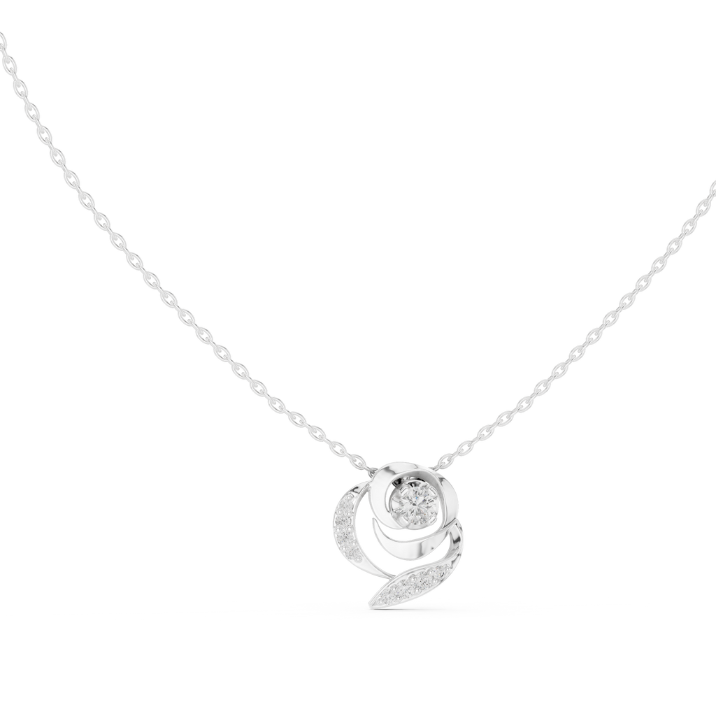 White gold round diamond flower pendant on chain, circular halo and swirl accents