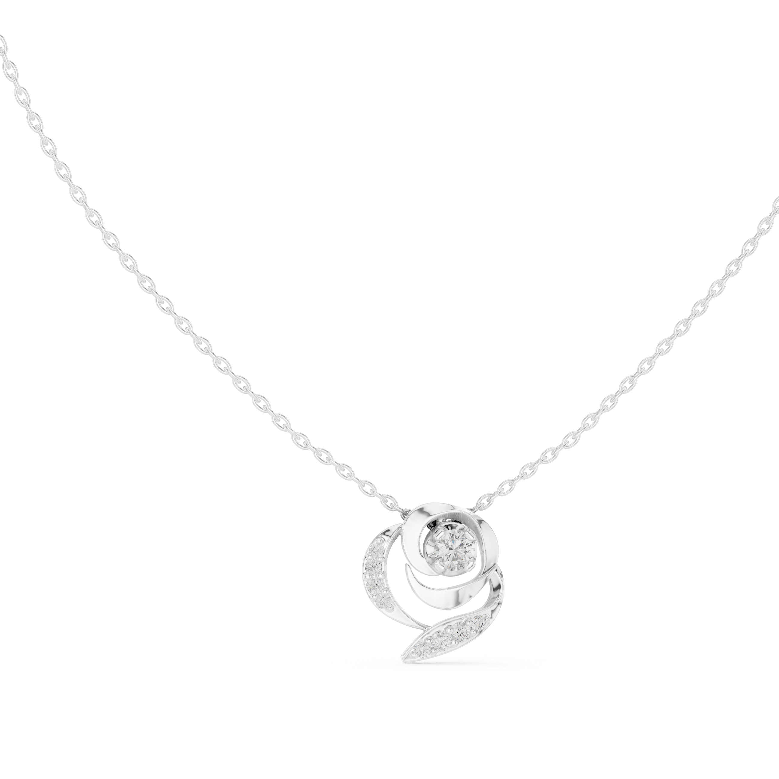 White gold round diamond flower pendant on chain, circular halo and swirl accents