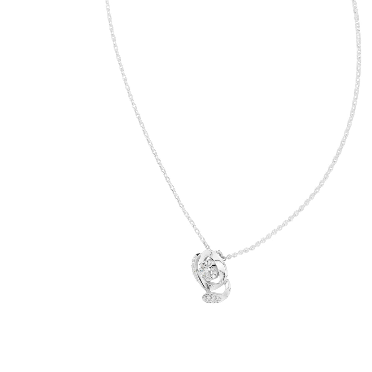 White gold round diamond flower pendant on chain, close view of diamond center