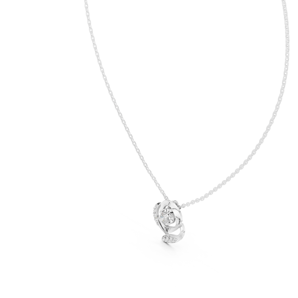 White gold round diamond flower pendant on chain, close view of diamond center