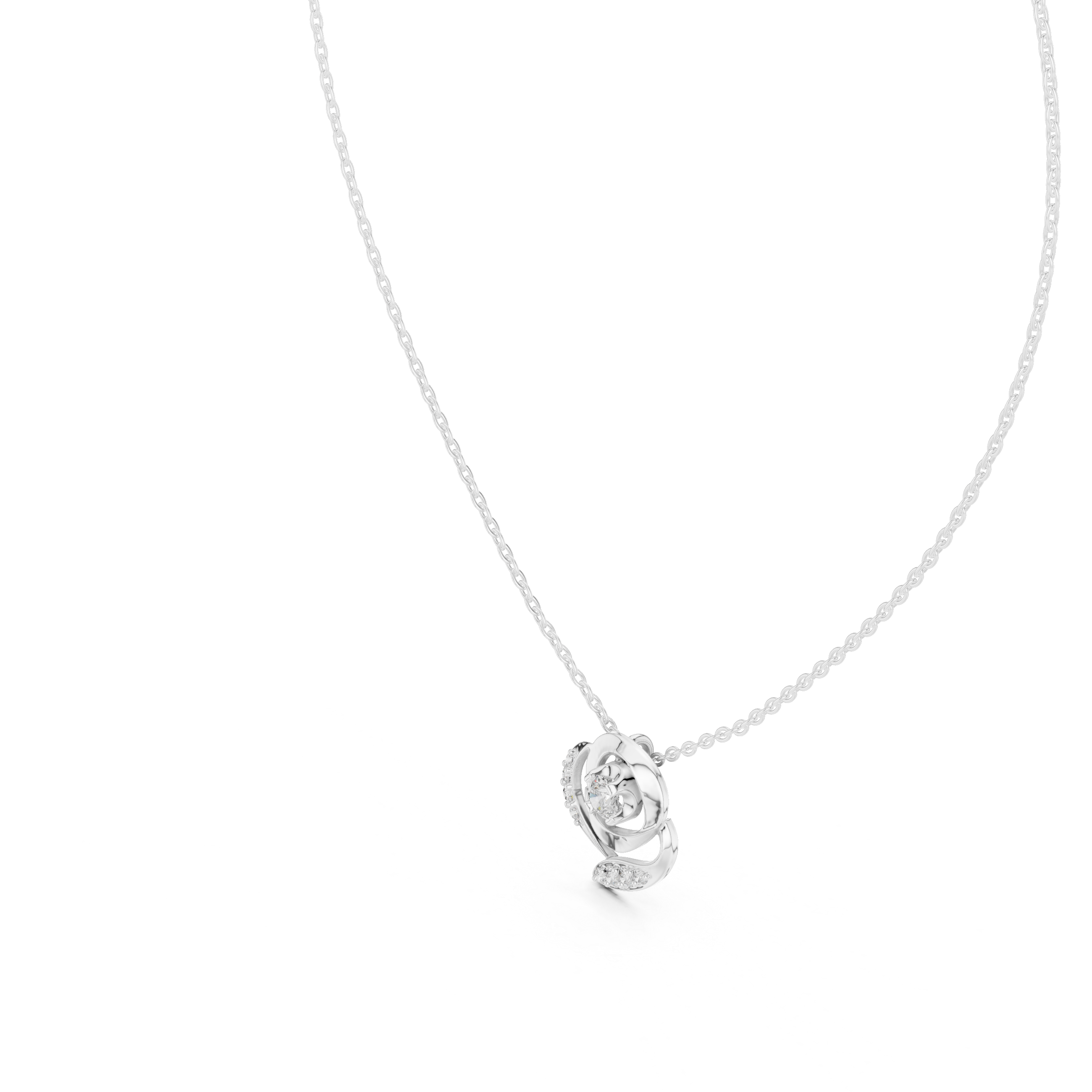 White gold round diamond flower pendant on chain, close view of diamond center